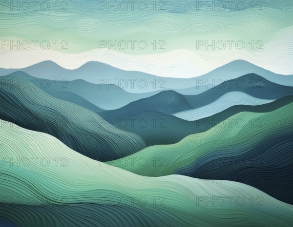 Elegant abstract depiction of flowing lines replicating green hilly landscapes, evoking tranquility and natural beauty. The soothing gradient colors enhance the usage in decor or artistic concepts, AI generated
