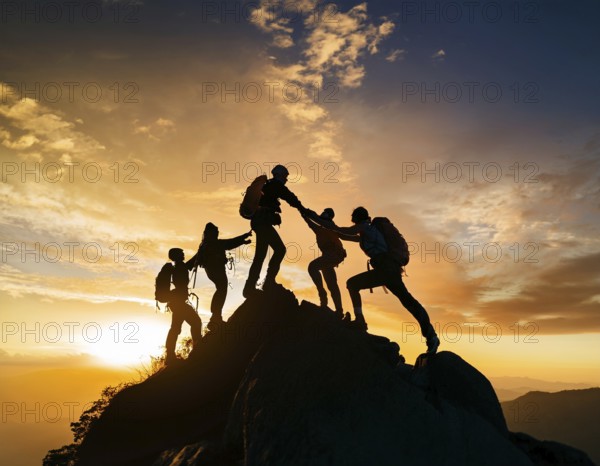 A dynamic depiction of teamwork and determination, climbers ascend a rugged mountain peak during sunset, silhouetted against a vibrant, colorful sky, AI generated