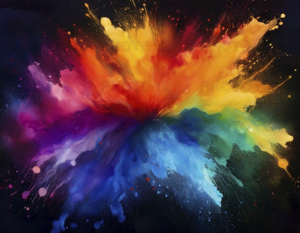 Colorful abstract art depicting a vibrant explosion of rainbow hues on a dark background, evoking creativity and artistic expression, AI generated
