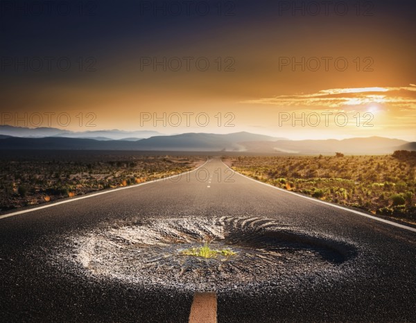 Empty asphalt road in rural landscape at sunset with dramatic clouds, AI generated
