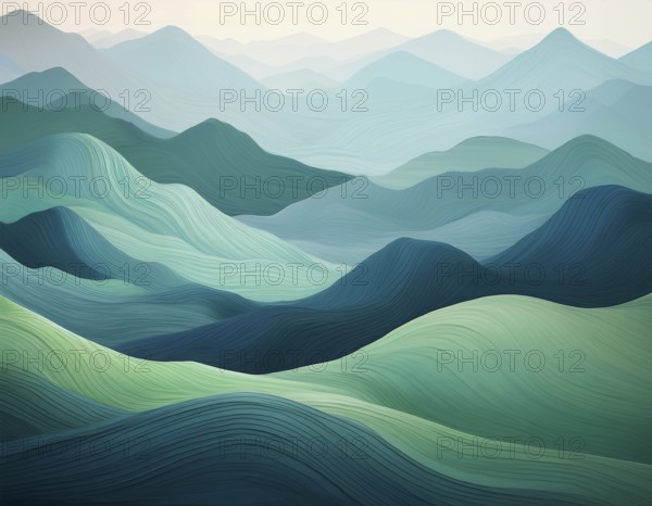 Elegant abstract depiction of flowing lines replicating green hilly landscapes, evoking tranquility and natural beauty. The soothing gradient colors enhance the usage in decor or artistic concepts, AI generated