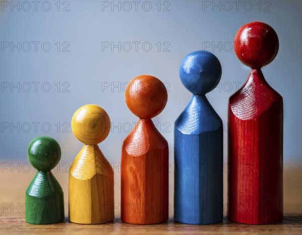 Wooden figurines painted in vibrant r, arranged in a neat line on a white surface. This image evokes concepts of diversity, unity, and creativity in a symbolic and aesthetic manner, AI generated