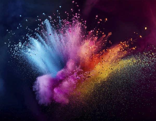 A colorful explosion powder on black background.. Multicolored powder explosion, AI generated