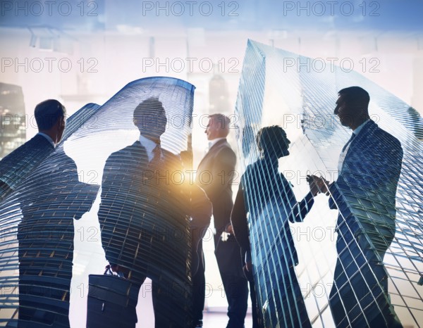 Double exposure image of business people with a modern city. Concept of teamwork, AI generated