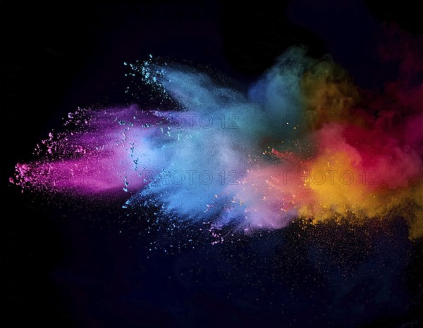 A colorful explosion powder on black background.. Multicolored powder explosion, AI generated