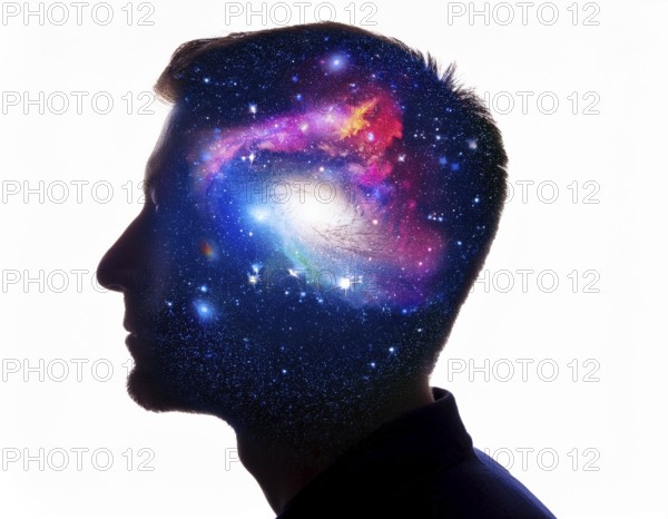 Outline of a standing man on a white background filled with color of glaxies or other space, AI generated