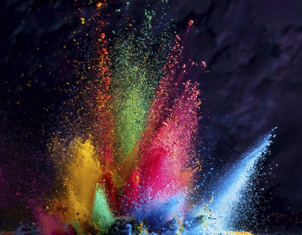 A colorful explosion powder on black background.. Multicolored powder explosion, AI generated