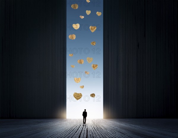 A striking artistic scene depicting a silhouette of a person beneath a vertical column of floating gilded hearts against a high-contrast background, evoking a sense of love, passion, and wonder, AI generated
