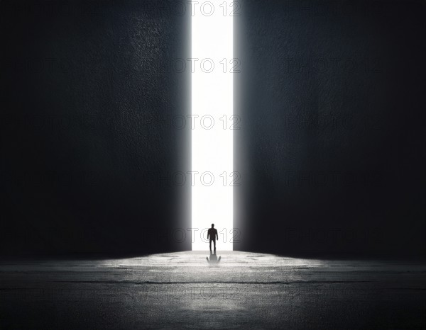 A lone figure stands in a minimalist setting, emphasizing scale, solitude, and illumination. The bright light adds mystery and contrast to the dark surroundings, invoking feelings of wonder and reflection, AI generated