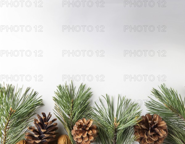 Holiday-themed flat lay with evergreen pine branches and pine cones, evoking a minimalist and festive atmosphere, perfect for winter and seasonal designs, greeting cards, or decorating ideas, AI generated