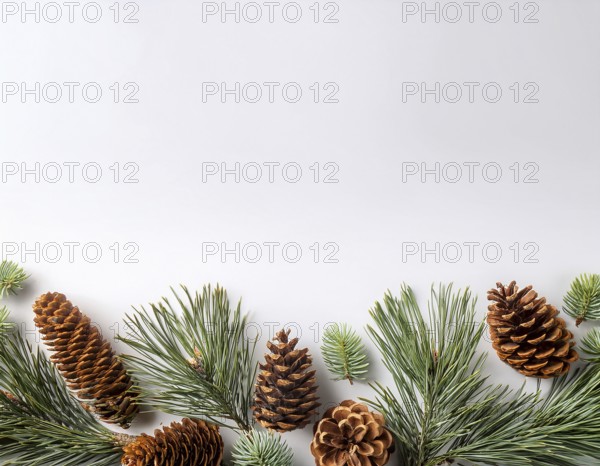 Holiday-themed flat lay with evergreen pine branches and pine cones, evoking a minimalist and festive atmosphere, perfect for winter and seasonal designs, greeting cards, or decorating ideas, AI generated