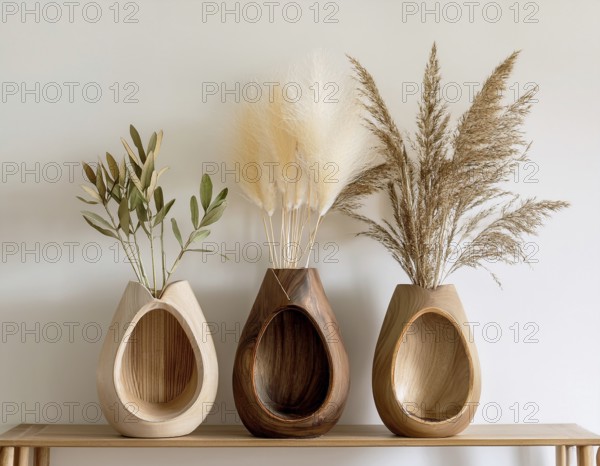Stylish wooden wall vases holding pampas grass, creating a modern and natural decor. Ideal for home beautification or interior design inspirations, showcasing simplicity combined with artistic and natural elements, AI generated