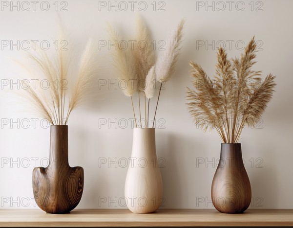 Stylish wooden wall vases holding pampas grass, creating a modern and natural decor. Ideal for home beautification or interior design inspirations, showcasing simplicity combined with artistic and natural elements, AI generated