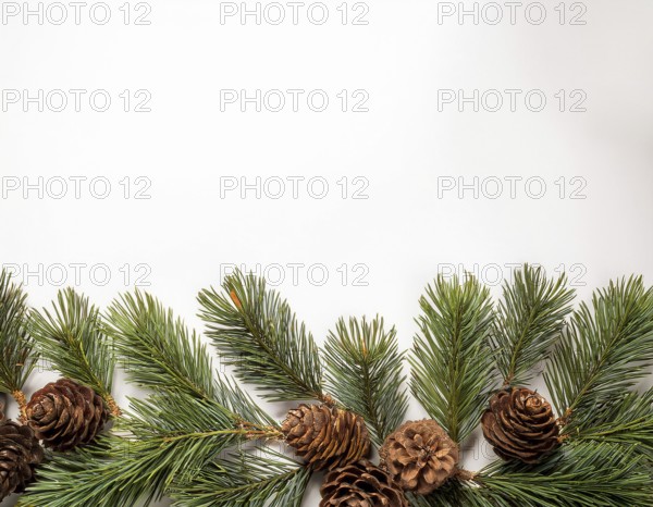 Holiday-themed flat lay with evergreen pine branches and pine cones, evoking a minimalist and festive atmosphere, perfect for winter and seasonal designs, greeting cards, or decorating ideas, AI generated