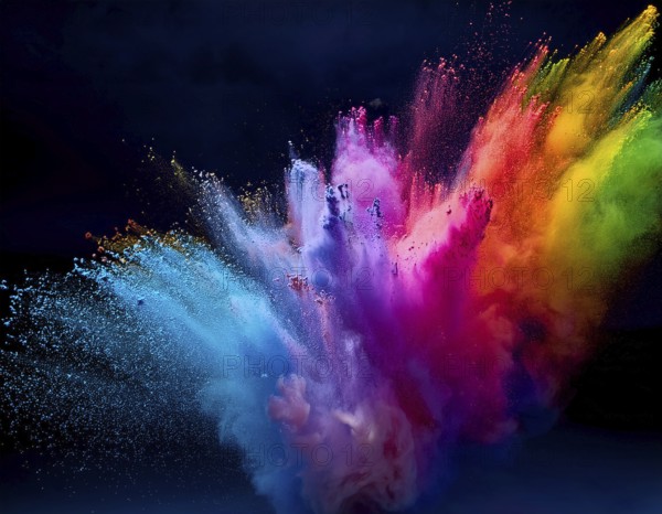 A colorful explosion powder on black background.. Multicolored powder explosion, AI generated