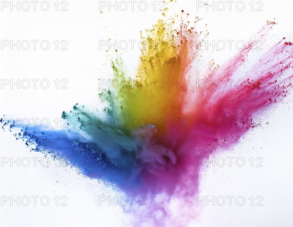 A colorful explosion powder on white background.. Multicolored powder explosion, AI generated