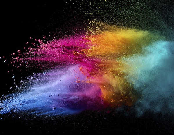 A colorful explosion powder on black background.. Multicolored powder explosion, AI generated