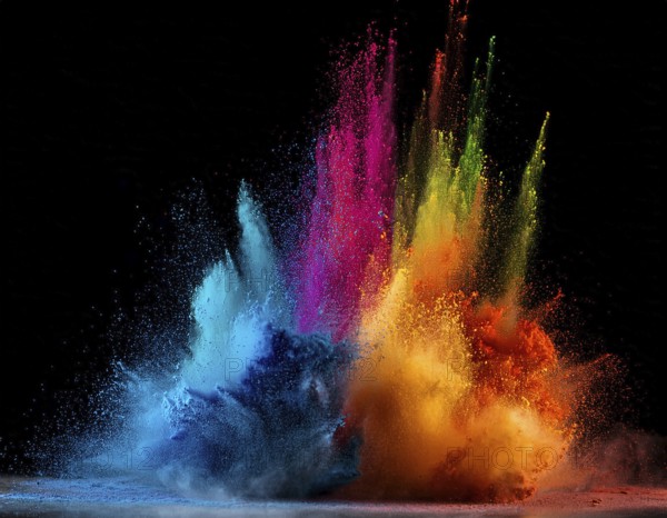 A colorful explosion powder on black background.. Multicolored powder explosion, AI generated