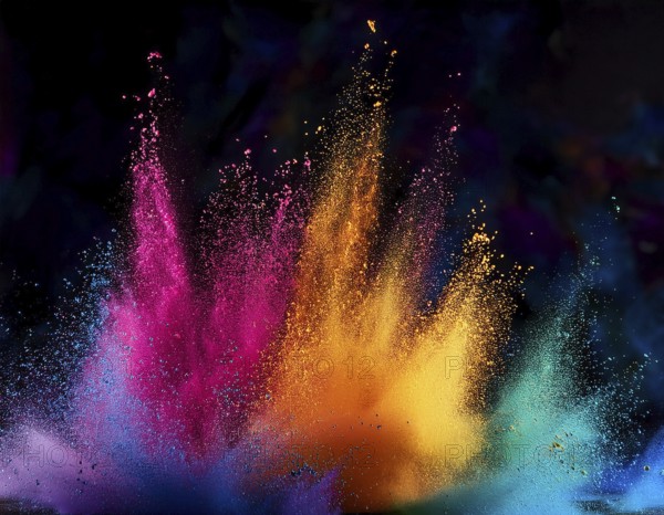A colorful explosion powder on black background.. Multicolored powder explosion, AI generated