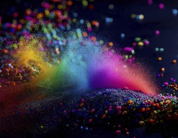 A colorful explosion powder on black background.. Multicolored powder explosion, AI generated