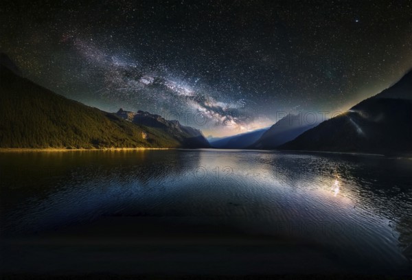 Rustic wooden platform set against a breathtaking backdrop of a star-filled night sky, featuring the vibrant Milky Way, and a serene landscape of treetops at sunset. Ideal for tranquil and natural themes, AI generated