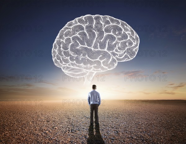 A lone figure stands before a giant brain floating in a surreal desert setting, symbolizing introspection, intelligence, and the complexity of thought, AI generated