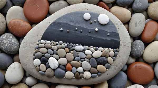 Artistic representation of a tree and scenic ocean view crafted using colorful pebbles on smooth stone, expressing creativity, nature, and beauty in handmade composition. Ideal for decorative purposes and inspiration, AI generated