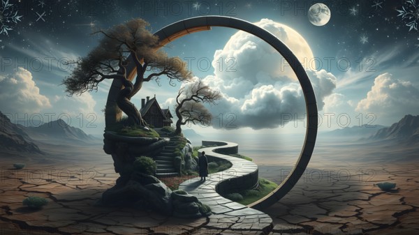 A captivating artwork depicting a circular portal revealing a dreamy world with treehouses, lush landscapes, a person on a path, surrounded by planets and cosmic wonders, AI generated