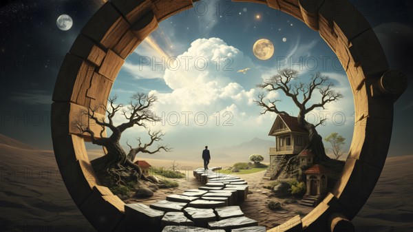 A captivating artwork depicting a circular portal revealing a dreamy world with treehouses, lush landscapes, a person on a path, surrounded by planets and cosmic wonders, AI generated
