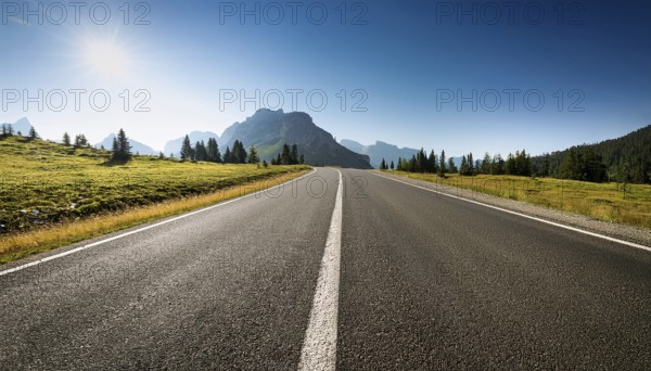 Unexplored road journeys and adventures.Road through the scenic landscape to the destination, AI generated