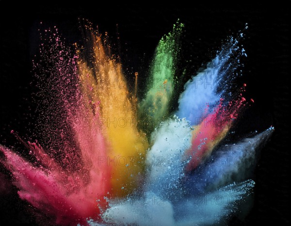 A colorful explosion powder on black background.. Multicolored powder explosion, AI generated