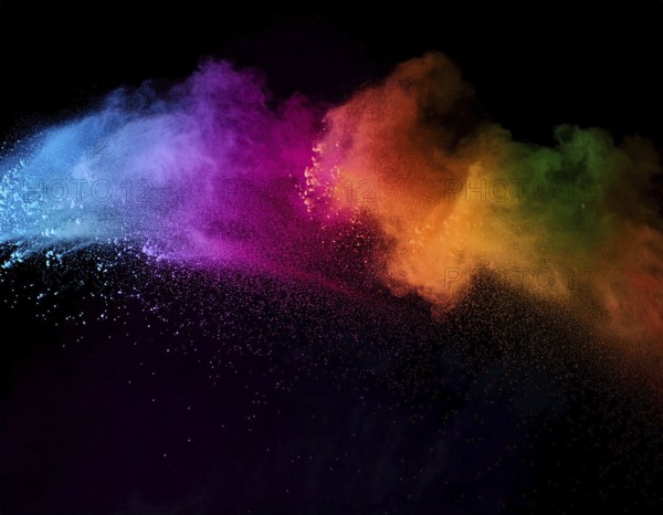 A colorful explosion powder on black background.. Multicolored powder explosion, AI generated
