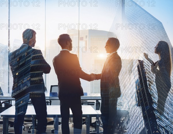 Double exposure image of business people with a modern city. Concept of teamwork, AI generated