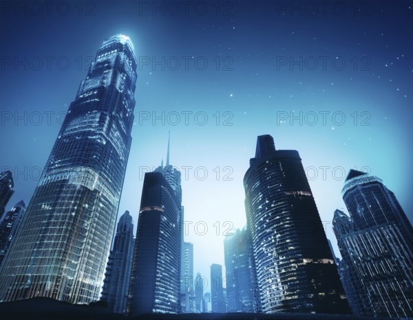 Skyscrapers reflecting the city lights and the integration of finance and technology, AI generated