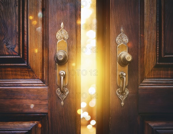 Vintage door ajar in the middle with glowing magical warm lights on the other side, AI generated