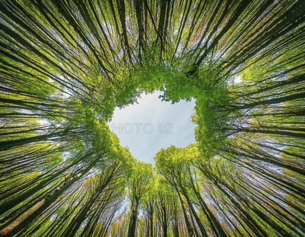 Beautiful rays of sunlight in a green forest.forest in evening light, AI generated