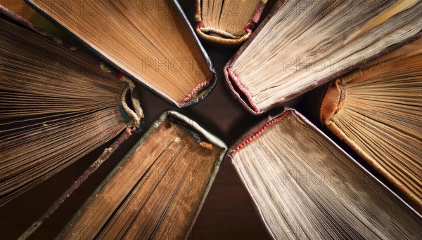 Old books arranged highlighting their historical significance. Neatly arranged representing a collection of wisdom, AI generated