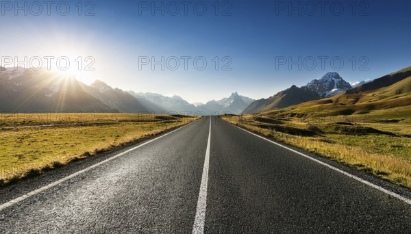 Unexplored road journeys and adventures.Road through the scenic landscape to the destination, AI generated