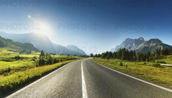 Unexplored road journeys and adventures.Road through the scenic landscape to the destination, AI generated