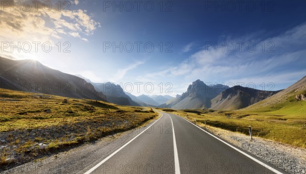Unexplored road journeys and adventures.Road through the scenic landscape to the destination, AI generated