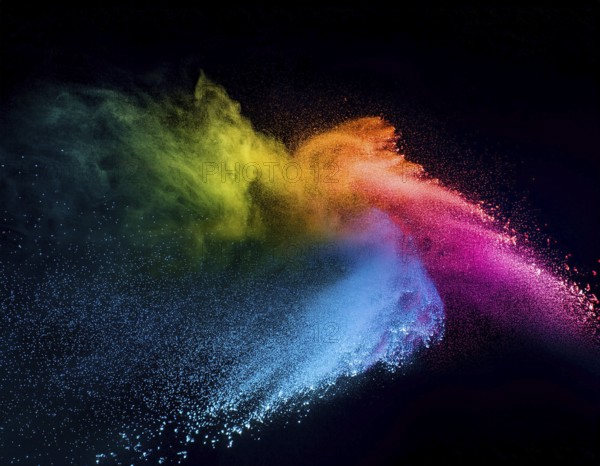 A colorful explosion powder on black background.. Multicolored powder explosion, AI generated