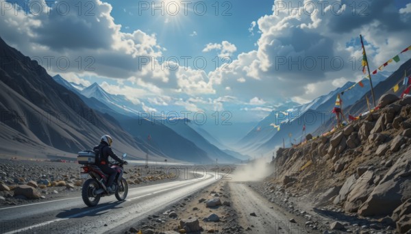 A motorcyclist is seen riding on a winding road through a majestic mountain valley, with prayer flags adding a cultural touch, AI generated