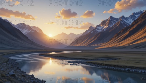 A breathtaking view of a river winding through a valley, framed by majestic mountains and a vibrant sunset, AI generated