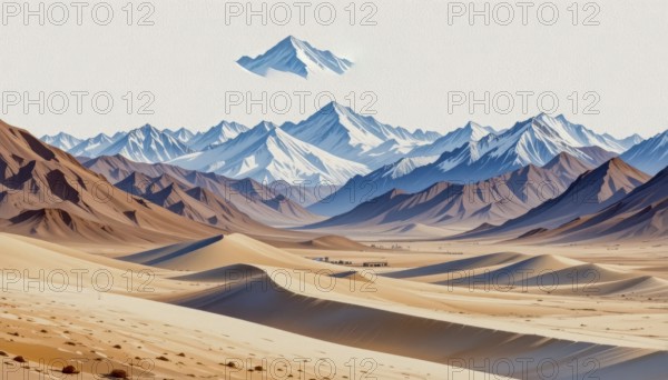 An artistic depiction of a desert scene, featuring rolling sand dunes, distant mountains, and a clear sky, evoking a sense of tranquility and vastness, AI generated