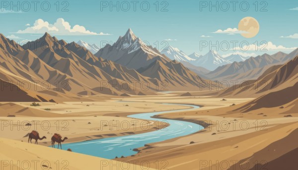 A serene desert landscape painting depicts a river winding through the valley, with mountains and camels under the sun, AI generated