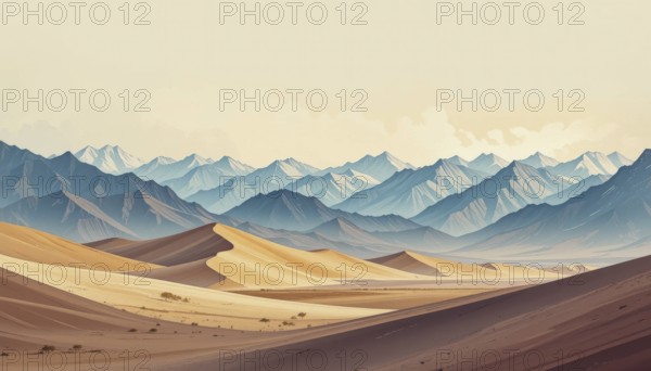 This artwork showcases a stunning desert scene with rolling sand dunes and a backdrop of layered, snow-capped mountains under a soft, pastel sky, AI generated