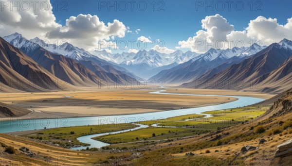 A stunning vista of a river snaking through a valley, framed by majestic mountains under a bright blue sky with fluffy clouds, AI generated