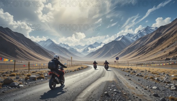 Three motorcyclists ride along a winding road through a scenic mountain pass, enjoying the open road and beautiful landscape, AI generated