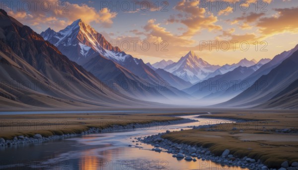 The sun sets over a stunning mountain range, casting a warm glow on the snow-capped peaks and a river flowing through the valley, AI generated