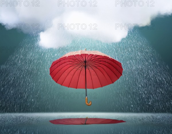 A vibrant red umbrella shielding against rain under an overcast sky, evoking protection, serenity, and resilience amid challenging weather, AI generated